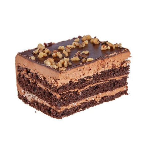 One piece of cake. Three layers of chocolate sponge cake with three layers of chocolate buttercream. One of the buttercream layers has coconut and the other butter cream layer has walnuts. Walnuts are also sprinkled on the top layer.