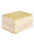 One piece of cake. Two layers of lemon mousse and two layers of white sponge cake.