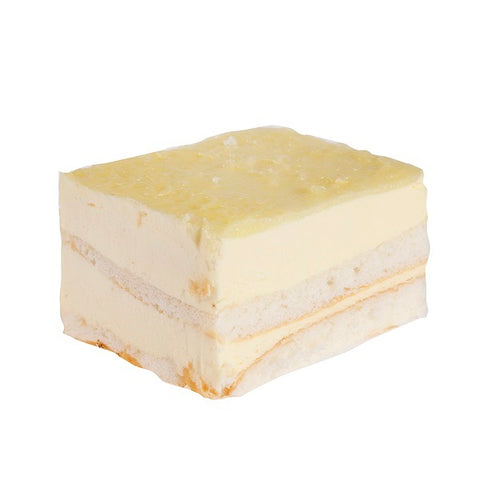 One piece of cake. Two layers of lemon mousse and two layers of white sponge cake.