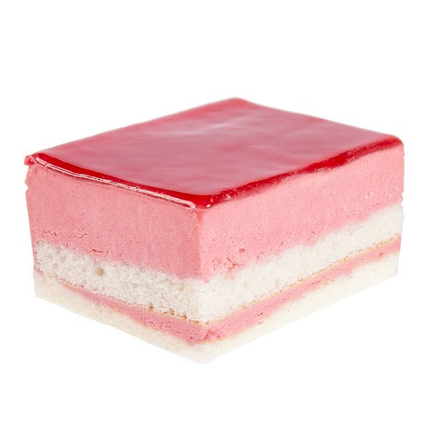 One piece of cake. Two layers of vanilla sponge cake and two layers of raspberry mousse. Finished with a raspberry glaze.