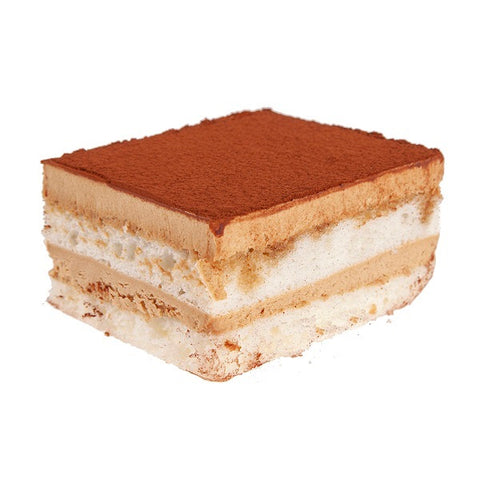 One piece of cake. Two layers of sponge cake and two layers of coffee cream and dusted with coca powder.