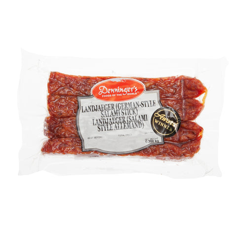 200 gram package of Landjaeger -German-Style Salami stick. Four sticks per package 50 grams each.
