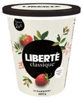 650 gram container of Liberte Classique Strawberry 2.9%MF Yogurt. Gelatin Free.