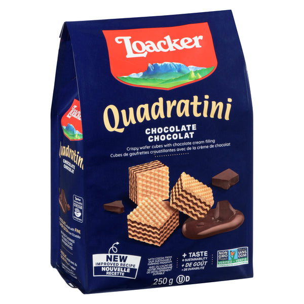 250 gram bag of Loacker Quadratini. A five layer crispy wafer cookie with four layers of delicious chocolate cream filling.