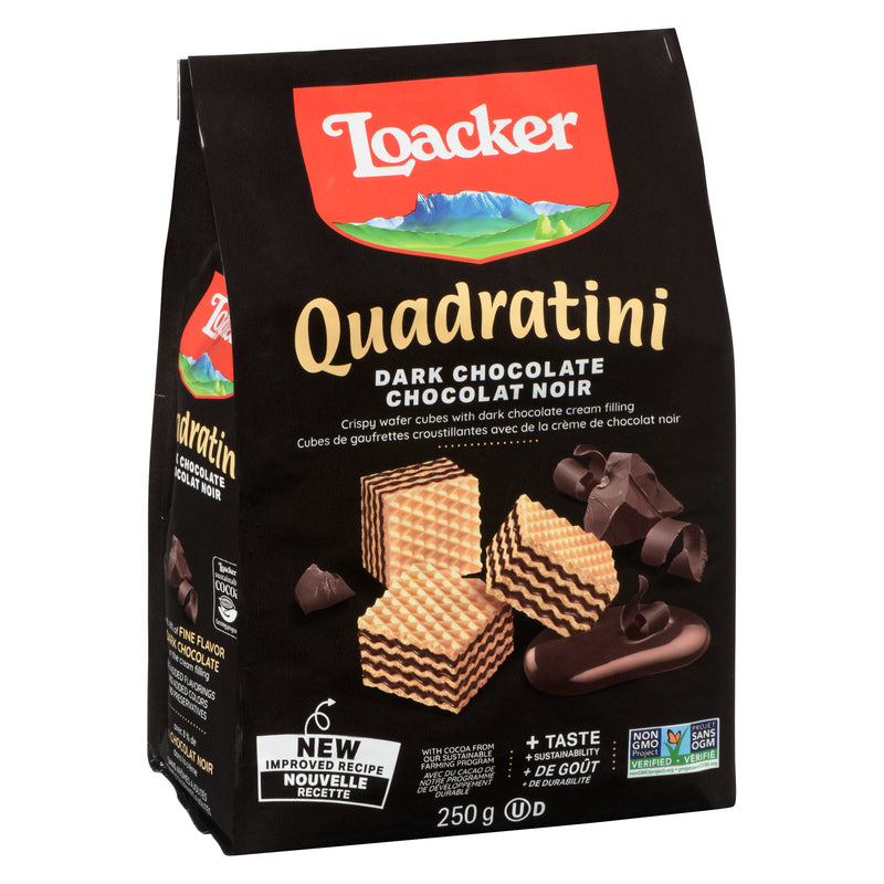 250 gram bag Loacker Quadratini. Five layer crispy wafer cookie with four layers of delicious dark chocolate cream filling.