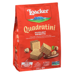 250 g bag of Loacker Quadratini. Five layer crispy wafer cookie with four layers of delicious hazelnut cream filling.