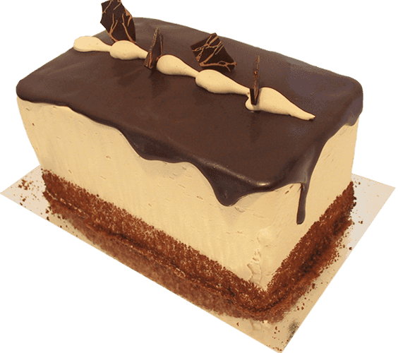 3.5" X 5.5" Alternating layers of classic white sponge cake, mocha and chocolate buttercream.