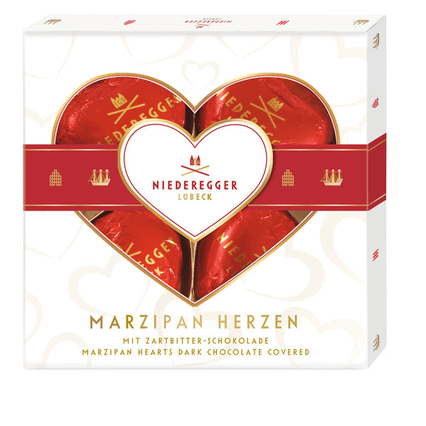 50 gram Marzipan Hearts covered in Dark Chocolate. Imported in German.