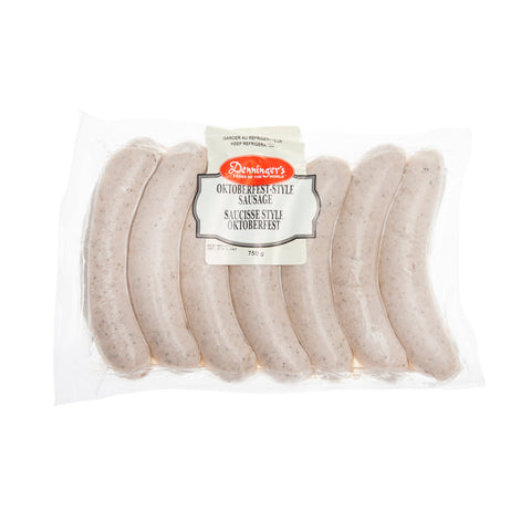 750 gram package of Denninger's Oktoberfest-Style Sausage. Seven sausages per package.
