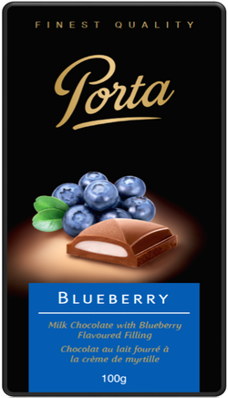 100 gram Porta milk chocolate bar with blueberry flavoured filling.