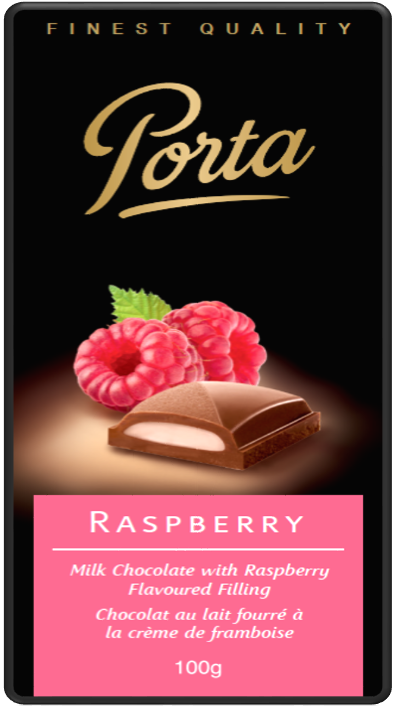 100 gram Porta milk chocolate bar with raspberry flavoured filling
