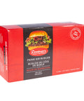 Denninger's frozen Prime Rib Burgers. One hundred  percent beef.  Six burgers, 150 gram  each.  Packed in red box.
