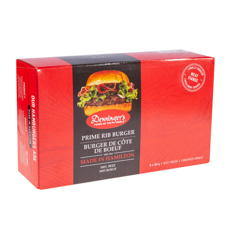 Denninger's frozen Prime Rib Burgers. One hundred  percent beef.  Six burgers, 150 gram  each.  Packed in red box.