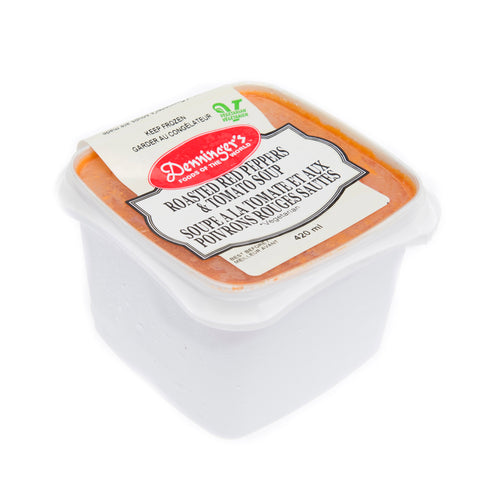 420 ml container of Denninger's Frozen Roasted Red Peppers & Tomato Soup.
