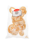 Denninger's frozen seasoned onion rings in a clear package.  Approximately 300 gram per package.