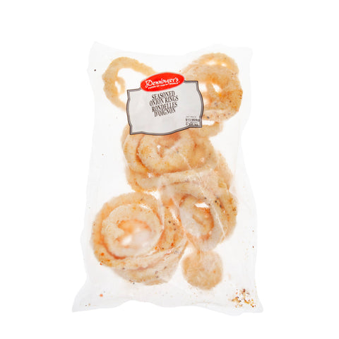 Denninger's frozen seasoned onion rings in a clear package.  Approximately 300 gram per package.