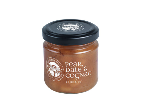 114 gram glass jar of Snowdonia pear date and cognac chutney.