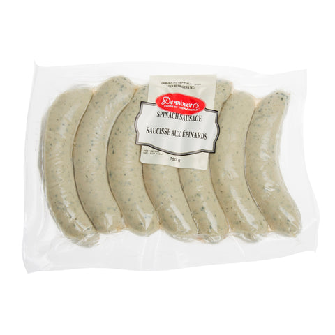 750 gram package of Denninger's Spinach Cooked Sausage. 7 pieces in a pack. Made with Ontario Pork and Veal.