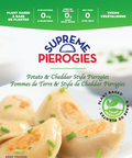454 gram bag of frozen Vegan Supreme Pierogies Potato and Cheddar Style. Plant Based.
