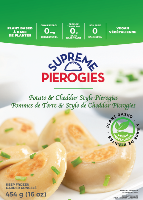 454 gram bag of frozen Vegan Supreme Pierogies Potato and Cheddar Style. Plant Based.