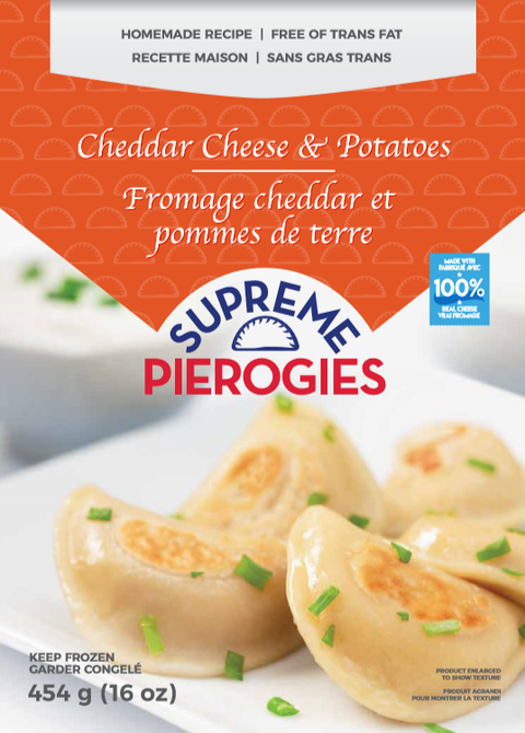 454 gram bag of frozen Supreme Pierogies cheddar cheese and Potaoes.