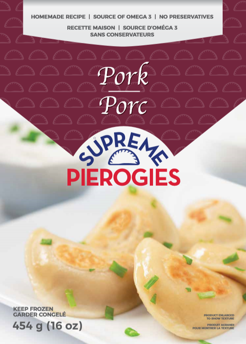 454 gram bag of frozen Supreme Pierogies Pork.