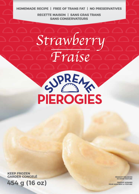 454 gram bag of frozen Supreme Pierogies Strawberry.