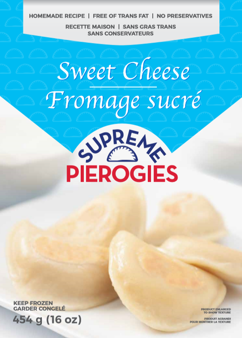 454 gram bag of frozen Supreme Pierogies Sweet Cheese.