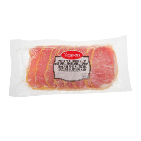 300 gram package of Denninger's Sweet Pickled Pork Loin Cornmeal (Peameal Bacon).