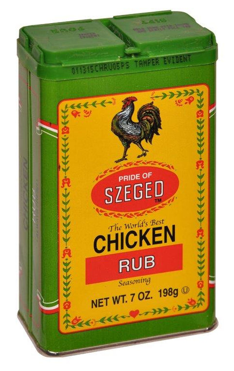 142 gram metal tin of Szeged Chicken Rub Seasoning. 