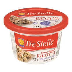 475 gram tub of Tre Stelle Extra Smooth Ricotta Cheese.