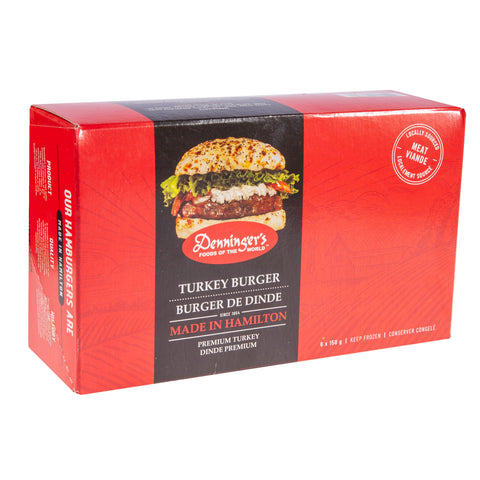 Denninger's frozen Turkey Burger box. 6 burgers in the red box. Each burger is 150 grams.