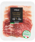 100 gram package of Vitale Antipasto selection includes prosciutto, coppa, salami.
