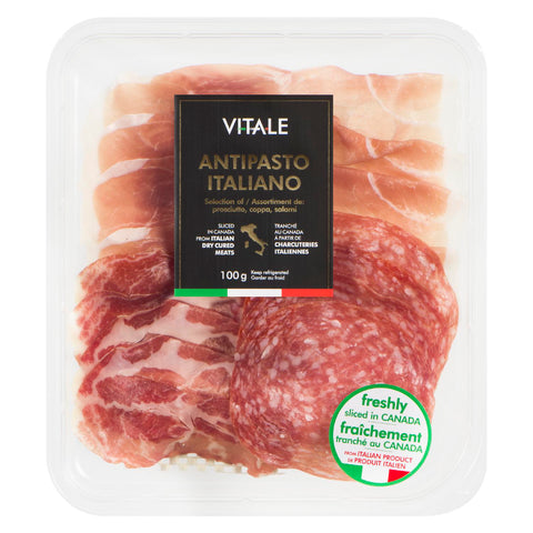 100 gram package of Vitale Antipasto selection includes prosciutto, coppa, salami.