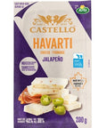 200 gram package of Castello Havarti with jalapeno. Easy open packaging ensures optimal freshness.