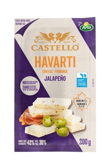 200 gram package of Castello Havarti with jalapeno. Easy open packaging ensures optimal freshness.