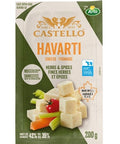 200 gram package of Castello Havarti with herbs and spices.
Easy open packaging ensures optimal freshness.