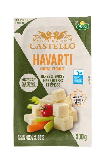 200 gram package of Castello Havarti with herbs and spices.
Easy open packaging ensures optimal freshness.
