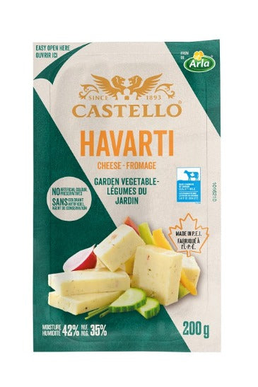 200 gram package of Castello Havarti  garden vegetable cheese. Easy open packaging ensures optimal freshness.