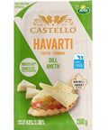 200 gram package of Castello Havarti Dill Cheese. Easy open packaging ensures optimal freshness.