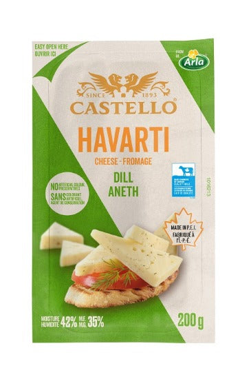 200 gram package of Castello Havarti Dill Cheese. Easy open packaging ensures optimal freshness.
