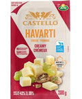 200 gram package of Castello creamy Havarti. Easy open packaging ensures optimal freshness.