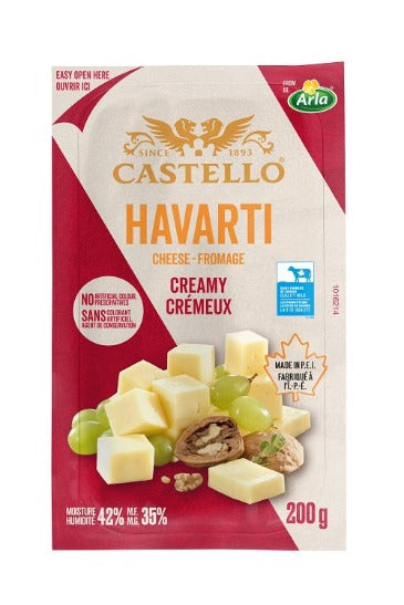 200 gram package of Castello creamy Havarti. Easy open packaging ensures optimal freshness.