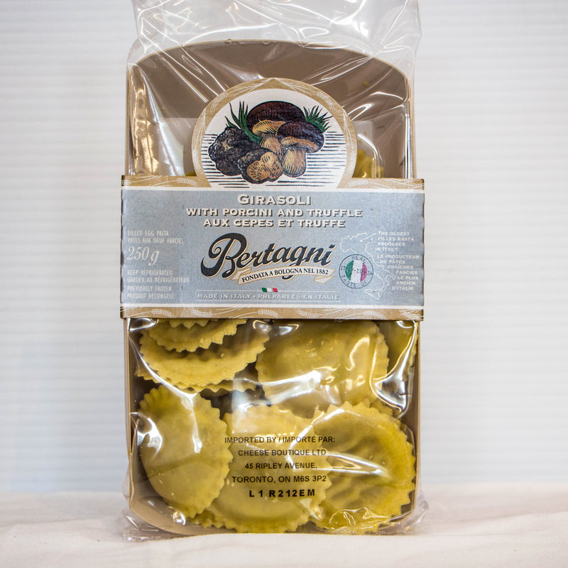 250 gram package of Bertagni Girasoli (sunflower shape) stuffed fresh pasta with porcini and truffle 