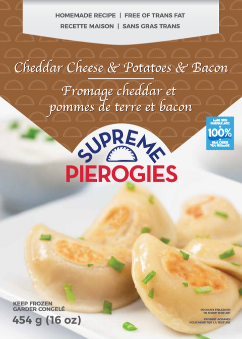 454 gram bag of frozen Supreme Pierogies  Cheddar cheese and Potatoes and Bacon.