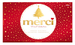 400 gram box of Merci Finest Selection of Assorted Chocolates holiday box design