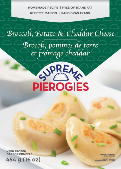 454 gram bag of frozen Supreme Pierogies  Broccoli, Potato and Cheddar Cheese.