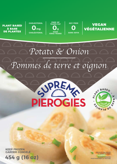 454 gram bag of frozen Supreme Pierogies  Potato and Onion. Vegan Plant Based.